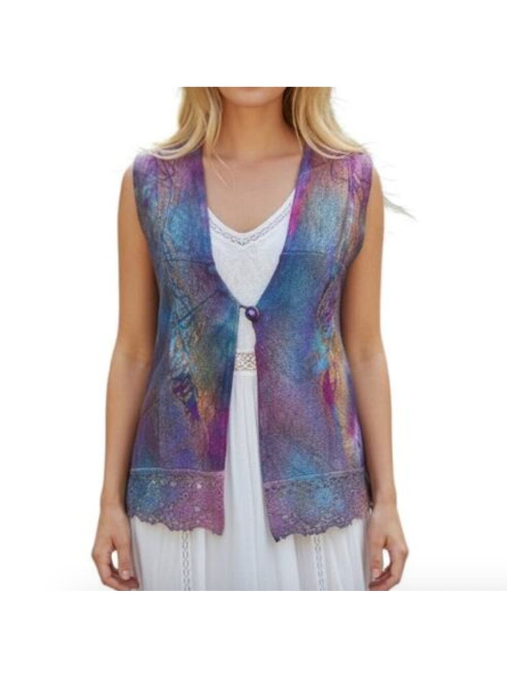 Fine Art Apparel by Sandra Vest Lace Artsy Boho Purple Blue Large